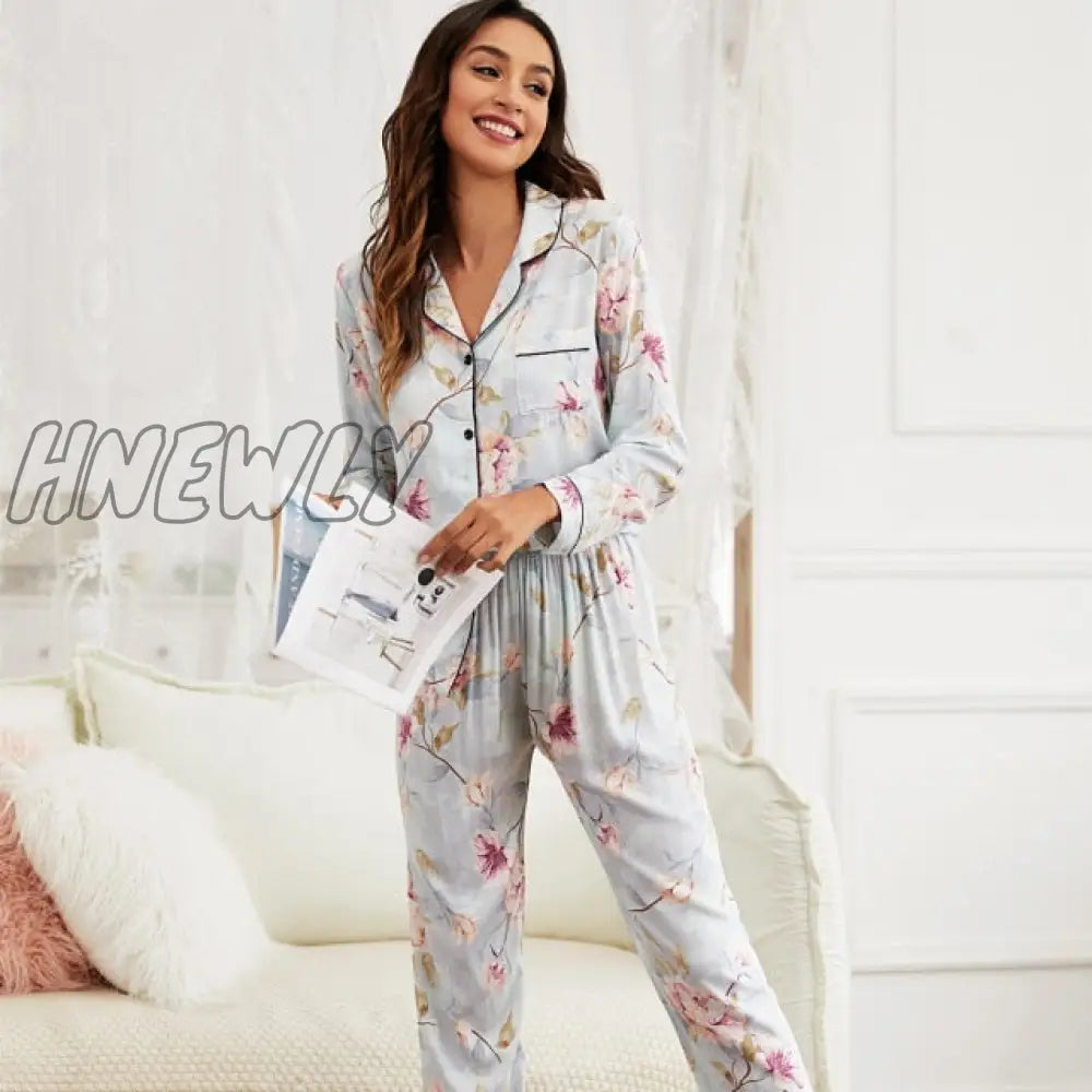 Starry Sky And Floral Printed Women Pajamas Set Comfort Cotton Satin Full Sleeve Homewear Ladies Tender Casual Wear For Spring