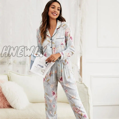 Starry Sky And Floral Printed Women Pajamas Set Comfort Cotton Satin Full Sleeve Homewear Ladies Tender Casual Wear For Spring