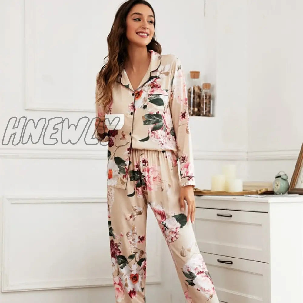 Starry Sky And Floral Printed Women Pajamas Set Comfort Cotton Satin Full Sleeve Homewear Ladies Tender Casual Wear For Spring