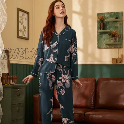 Starry Sky And Floral Printed Women Pajamas Set Comfort Cotton Satin Full Sleeve Homewear Ladies Tender Casual Wear For Spring