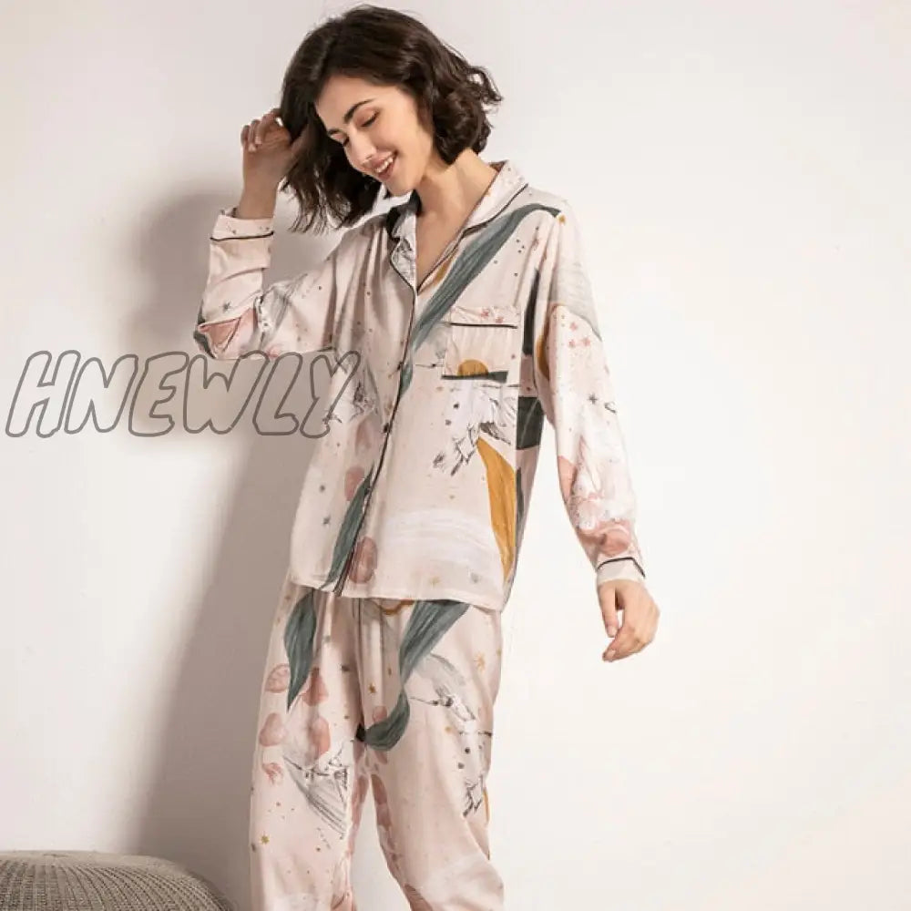 Starry Sky And Floral Printed Women Pajamas Set Comfort Cotton Satin Full Sleeve Homewear Ladies Tender Casual Wear For Spring