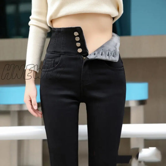 streetwear High Waist thickening skinny denim pants women plus size warm stretch Pencil jeans Mom's slim waist velvet jeans