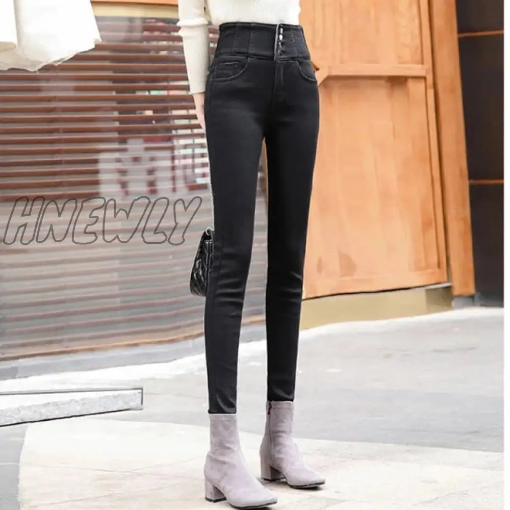 streetwear High Waist thickening skinny denim pants women plus size warm stretch Pencil jeans Mom's slim waist velvet jeans