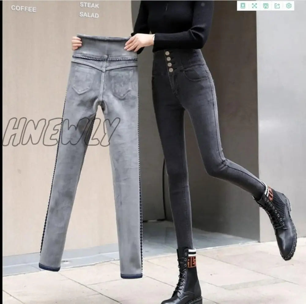 streetwear High Waist thickening skinny denim pants women plus size warm stretch Pencil jeans Mom's slim waist velvet jeans