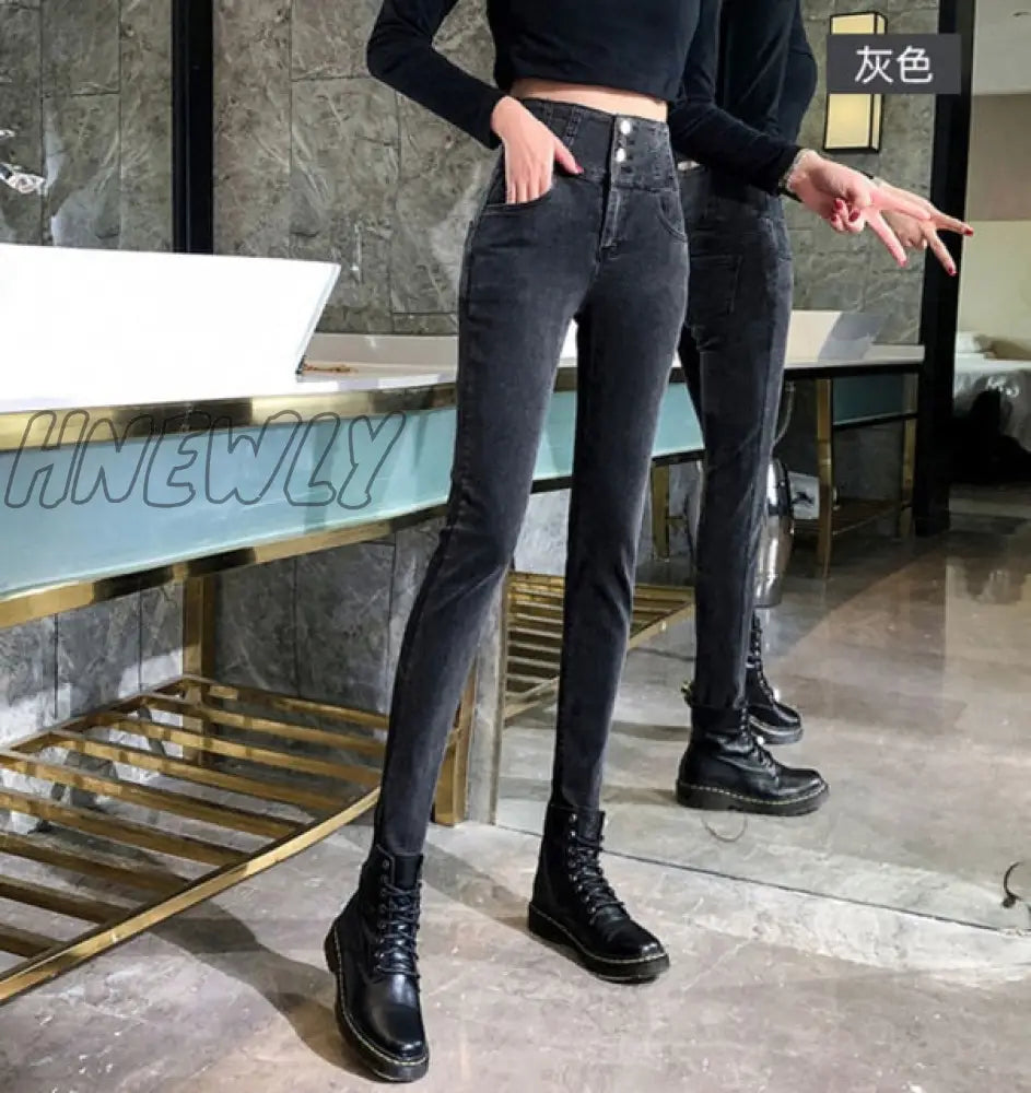 streetwear High Waist thickening skinny denim pants women plus size warm stretch Pencil jeans Mom's slim waist velvet jeans