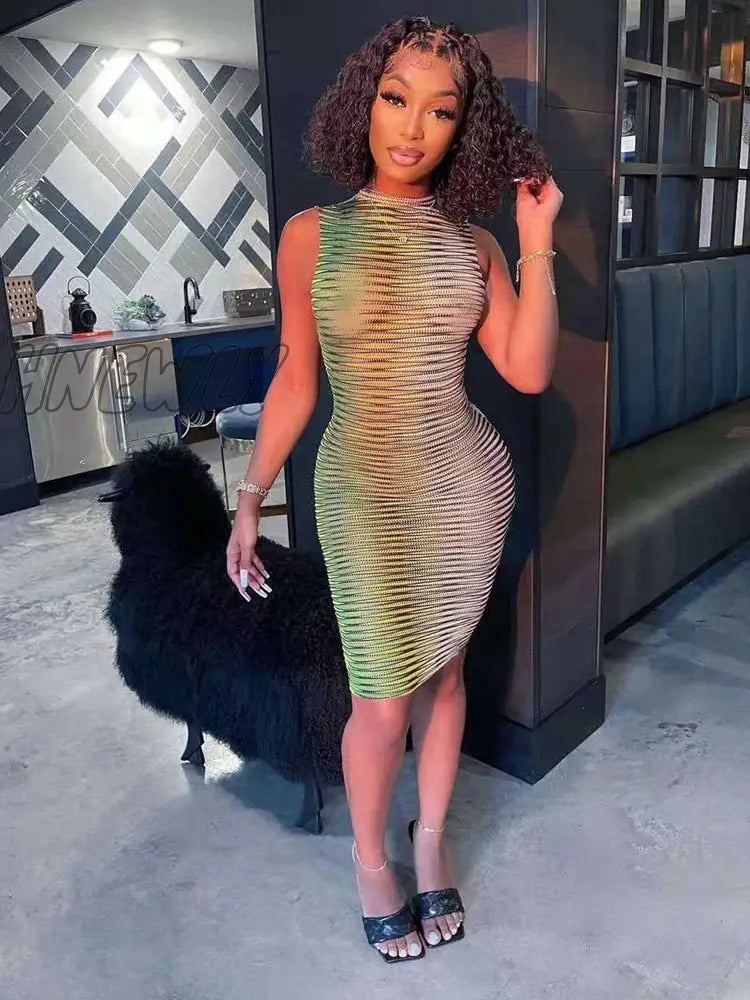 Stripe Mesh Bodycon Vest Dress Women High Street Clothing Lady Birthday Party Wear Summer Sexy Night Club Mini Dress