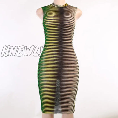 Stripe Mesh Bodycon Vest Dress Women High Street Clothing Lady Birthday Party Wear Summer Sexy Night Club Mini Dress