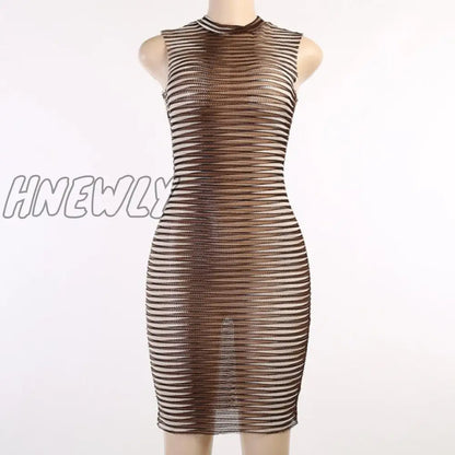 Stripe Mesh Bodycon Vest Dress Women High Street Clothing Lady Birthday Party Wear Summer Sexy Night Club Mini Dress