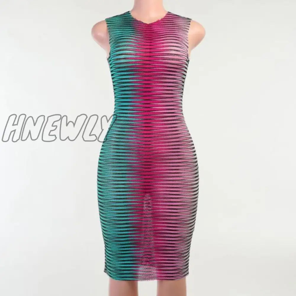 Stripe Mesh Bodycon Vest Dress Women High Street Clothing Lady Birthday Party Wear Summer Sexy Night Club Mini Dress