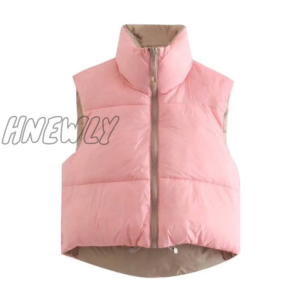 Stylish Sweet Pink Double Wear Drawstring Cropped Vest Coat Women Fashion Stand Collar Zipper Waistcoat