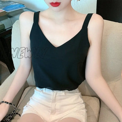 Summer Chiffon Women Tops Camis Sexy Halter Top Woman Sleeveless Solid Tank Tops Female V-neck Camisole Basic White Vest