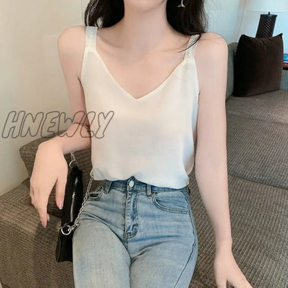 Summer Chiffon Women Tops Camis Sexy Halter Top Woman Sleeveless Solid Tank Tops Female V-neck Camisole Basic White Vest