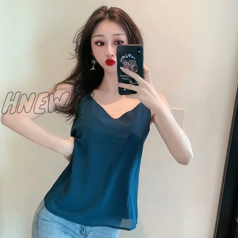 Summer Chiffon Women Tops Camis Sexy Halter Top Woman Sleeveless Solid Tank Tops Female V-neck Camisole Basic White Vest