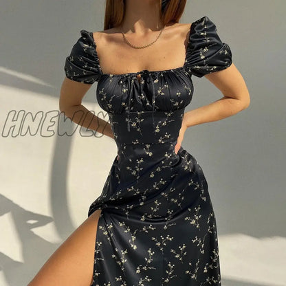 Summer Floral Off Shoulder Puff Sleeve Maxi Dress For Woman Robe Sexy Lace Up Side Split Chic Mid-Calf Aesthetic Dress Vestido