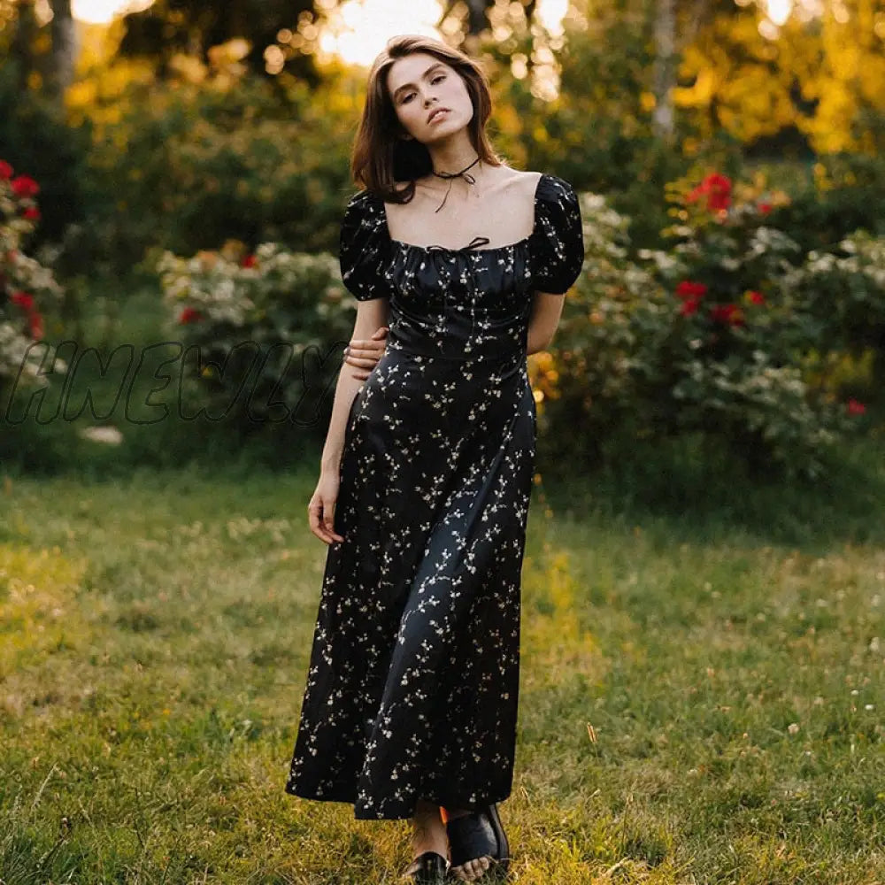 Summer Floral Off Shoulder Puff Sleeve Maxi Dress For Woman Robe Sexy Lace Up Side Split Chic Mid-Calf Aesthetic Dress Vestido