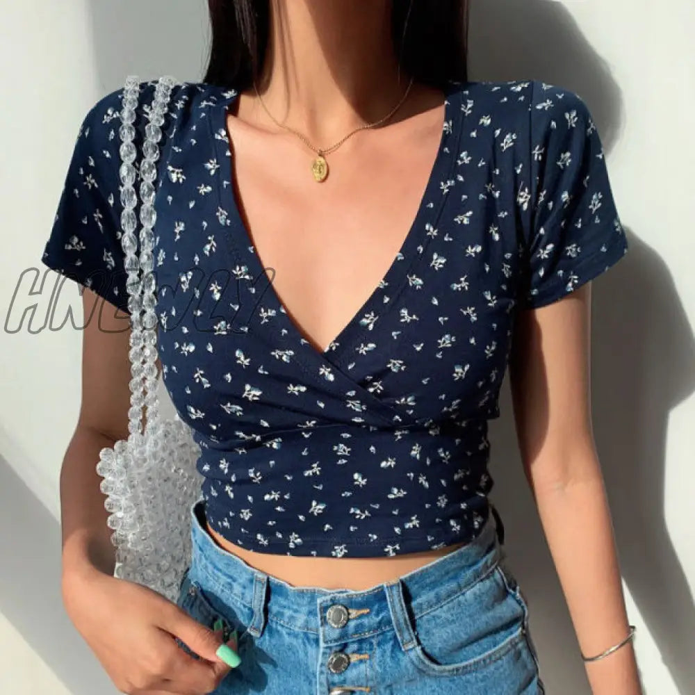 Summer French retro floral V-neck short-sleeved T-shirt Slim slimming wild high waist T-shirt women's top