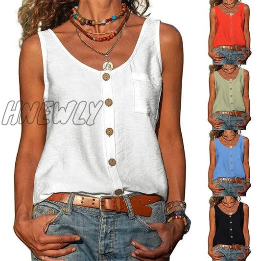 Summer New Solid Color V-neck Vest Button Sleeveless Pocket Tank Top Office Lady Commuter T-shirt Off Shoulder Simple Blouse