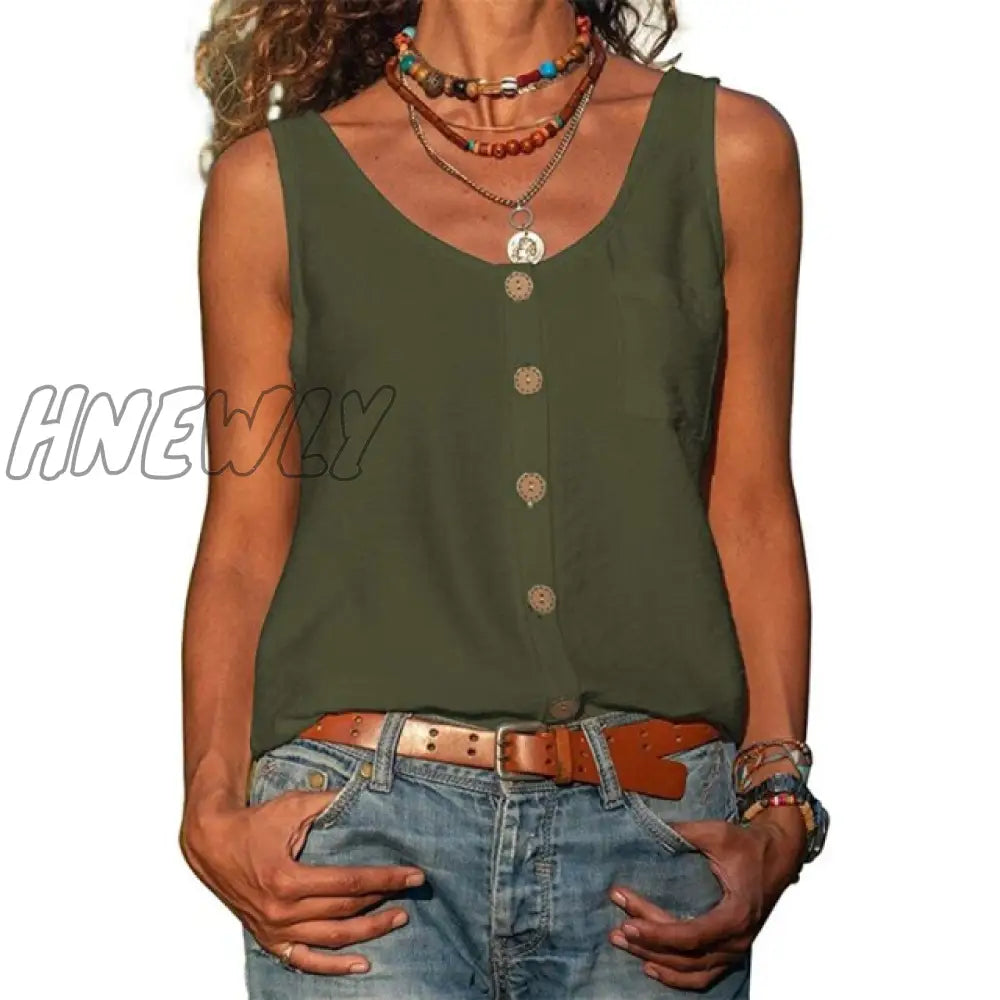 Summer New Solid Color V-neck Vest Button Sleeveless Pocket Tank Top Office Lady Commuter T-shirt Off Shoulder Simple Blouse