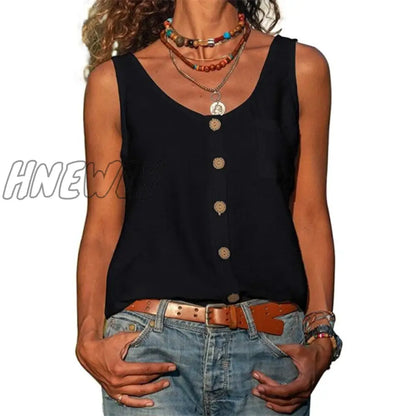 Summer New Solid Color V-neck Vest Button Sleeveless Pocket Tank Top Office Lady Commuter T-shirt Off Shoulder Simple Blouse