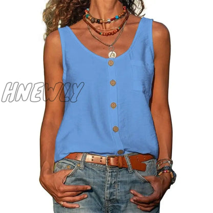 Summer New Solid Color V-neck Vest Button Sleeveless Pocket Tank Top Office Lady Commuter T-shirt Off Shoulder Simple Blouse