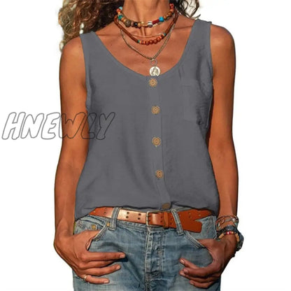 Summer New Solid Color V-neck Vest Button Sleeveless Pocket Tank Top Office Lady Commuter T-shirt Off Shoulder Simple Blouse