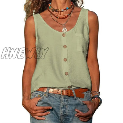 Summer New Solid Color V-neck Vest Button Sleeveless Pocket Tank Top Office Lady Commuter T-shirt Off Shoulder Simple Blouse