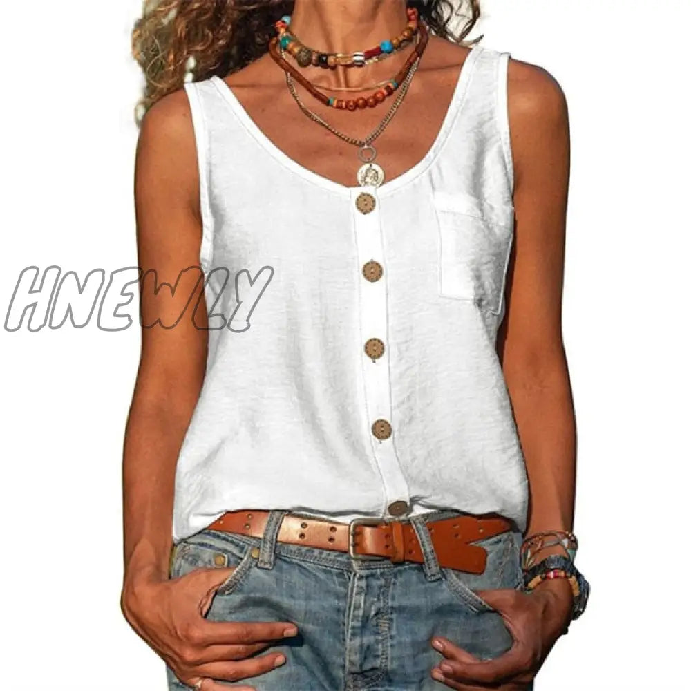 Summer New Solid Color V-neck Vest Button Sleeveless Pocket Tank Top Office Lady Commuter T-shirt Off Shoulder Simple Blouse