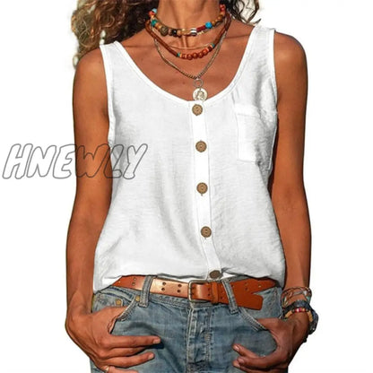 Summer New Solid Color V-neck Vest Button Sleeveless Pocket Tank Top Office Lady Commuter T-shirt Off Shoulder Simple Blouse