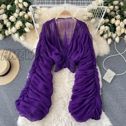 Summer Sexy Draped Chiffon Blouse For Women Elegant V-Neck Puff Long Sleeve Short Tops Female Slim Party Shirts Female New