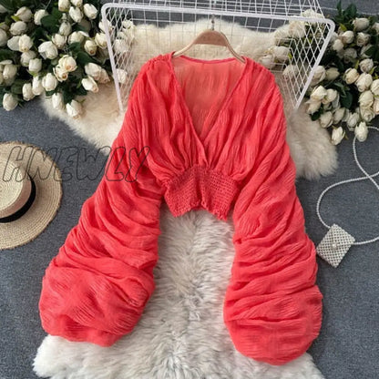 Summer Sexy Draped Chiffon Blouse For Women Elegant V-Neck Puff Long Sleeve Short Tops Female Slim Party Shirts Female New