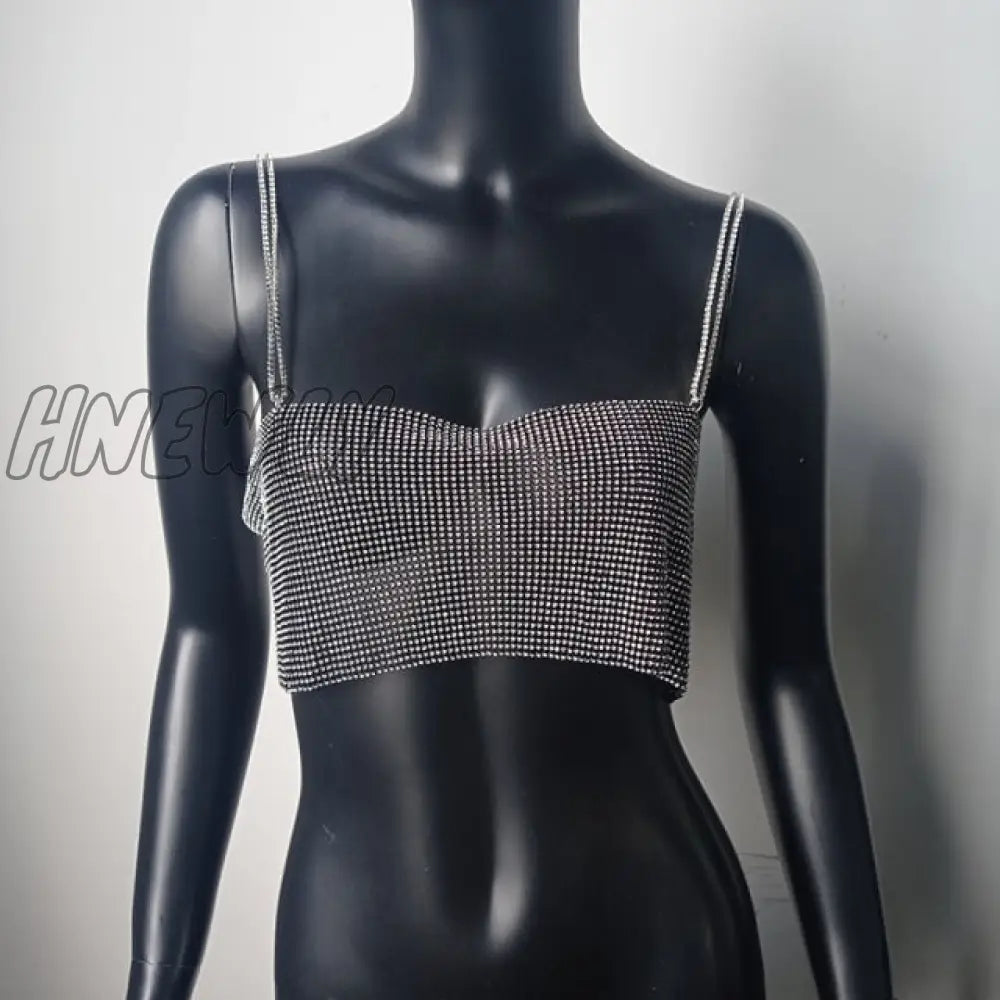 Summer Shiny Crystal Chain Tank Top Silver Metal Mesh Halter Metallic Strap Crop Tops Vest Party Clubwear Outfits