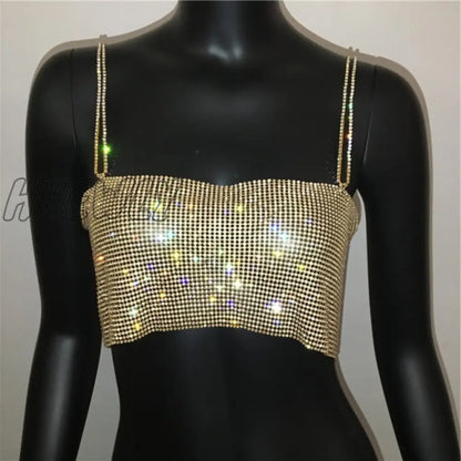 Summer Shiny Crystal Chain Tank Top Silver Metal Mesh Halter Metallic Strap Crop Tops Vest Party Clubwear Outfits