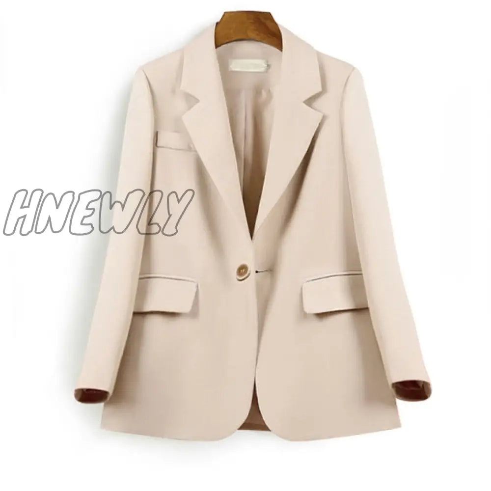 SURUFENG Autumn Chic Solid Color Elegant Apricot Blazer Women Jacket Ladies Single Button Loose V-Neck Long Sleeve Cardigan