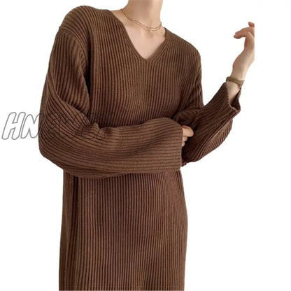 Sweater Women Dress Knitted Dresses Womens Winter Long Sleeve Sweaters Autumn Loose Maxi Oversize Knitting Robe Vestido V neck