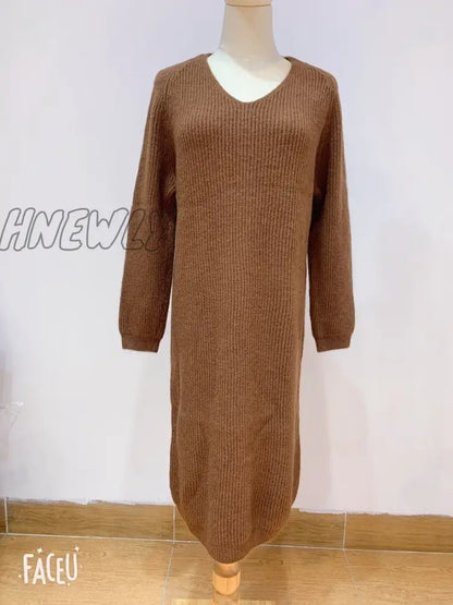 Sweater Women Dress Knitted Dresses Womens Winter Long Sleeve Sweaters Autumn Loose Maxi Oversize Knitting Robe Vestido V neck