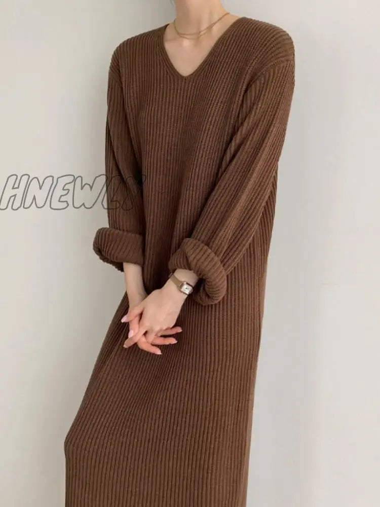 Sweater Women Dress Knitted Dresses Womens Winter Long Sleeve Sweaters Autumn Loose Maxi Oversize Knitting Robe Vestido V neck