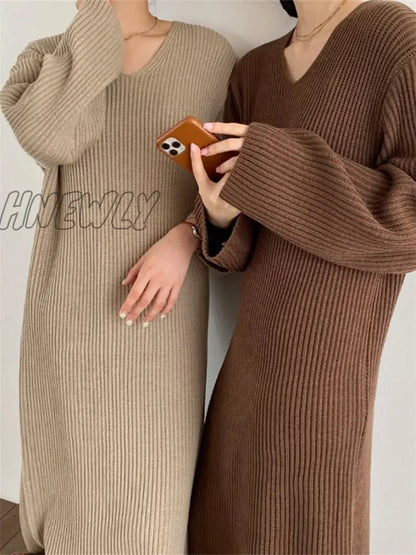 Sweater Women Dress Knitted Dresses Womens Winter Long Sleeve Sweaters Autumn Loose Maxi Oversize Knitting Robe Vestido V neck