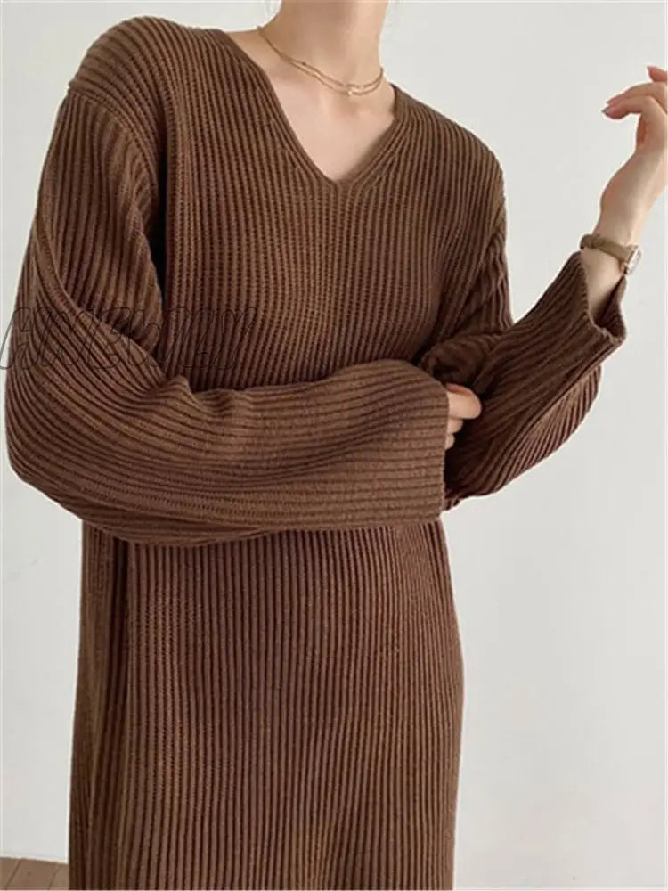 Sweater Women Dress Knitted Dresses Womens Winter Long Sleeve Sweaters Autumn Loose Maxi Oversize Knitting Robe Vestido V neck