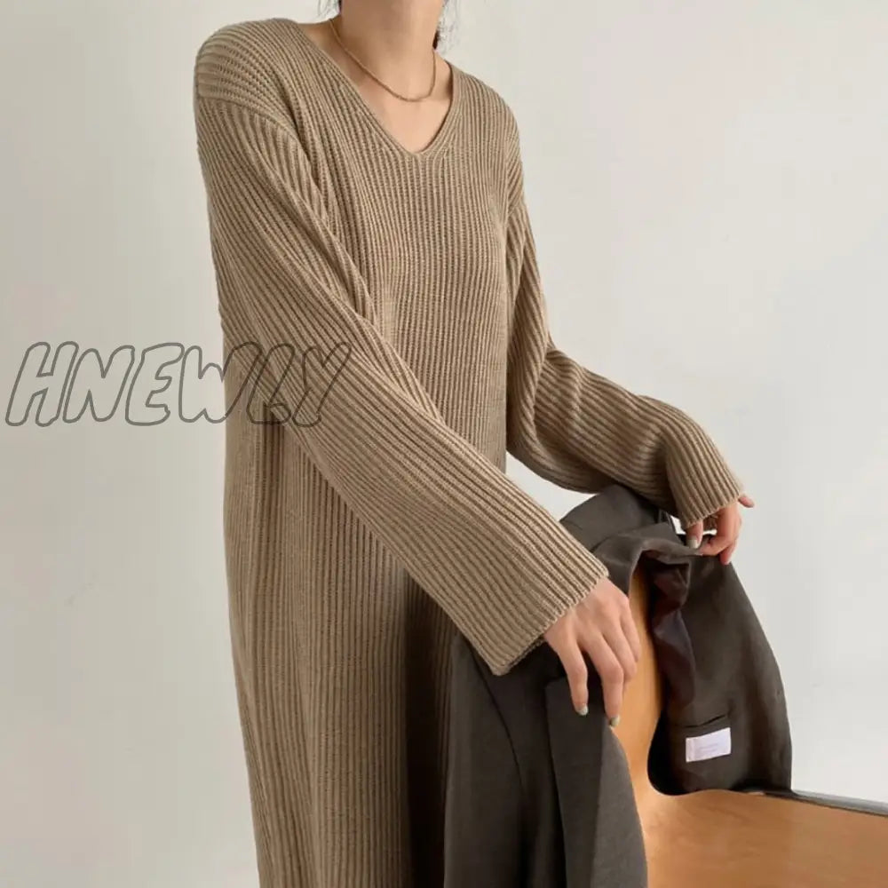 Sweater Women Dress Knitted Dresses Womens Winter Long Sleeve Sweaters Autumn Loose Maxi Oversize Knitting Robe Vestido V neck