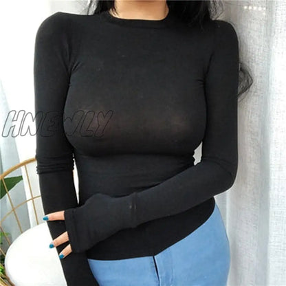 Thin Summer Top Sexy T Shirt Women Elasticity T-Shirt Korean Style Woman Clothes Slim Tshirt Female Casual Long Sleeve Tops