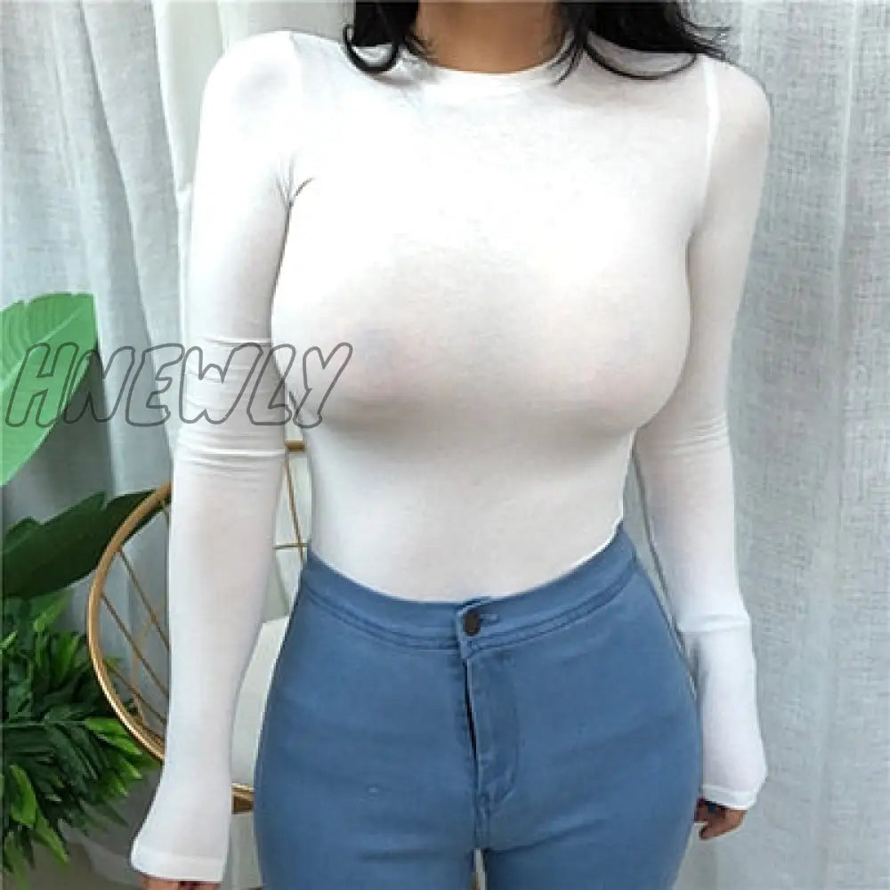 Thin Summer Top Sexy T Shirt Women Elasticity T-Shirt Korean Style Woman Clothes Slim Tshirt Female Casual Long Sleeve Tops