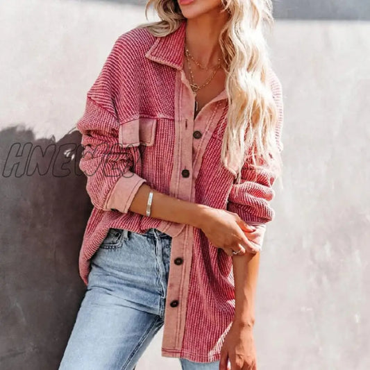 Turn Down Collar Women Long Sleeve Pink Tops Coat Casual Streetwear Button Jackets Female Loose Pocket Patchwork Lapel Outerwear