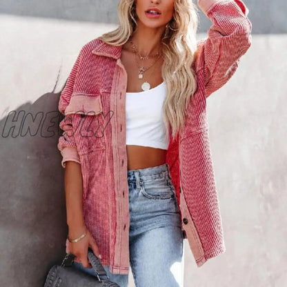 Turn Down Collar Women Long Sleeve Pink Tops Coat Casual Streetwear Button Jackets Female Loose Pocket Patchwork Lapel Outerwear