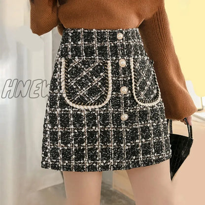 Tweed Skirts Women Autumn Winter Pearl Button Mini Pencil Skirts Plaid Wool Skirts Korean High Waist Elegant Tweed Ladies Skirt