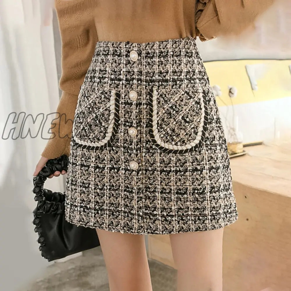 Tweed Skirts Women Autumn Winter Pearl Button Mini Pencil Skirts Plaid Wool Skirts Korean High Waist Elegant Tweed Ladies Skirt