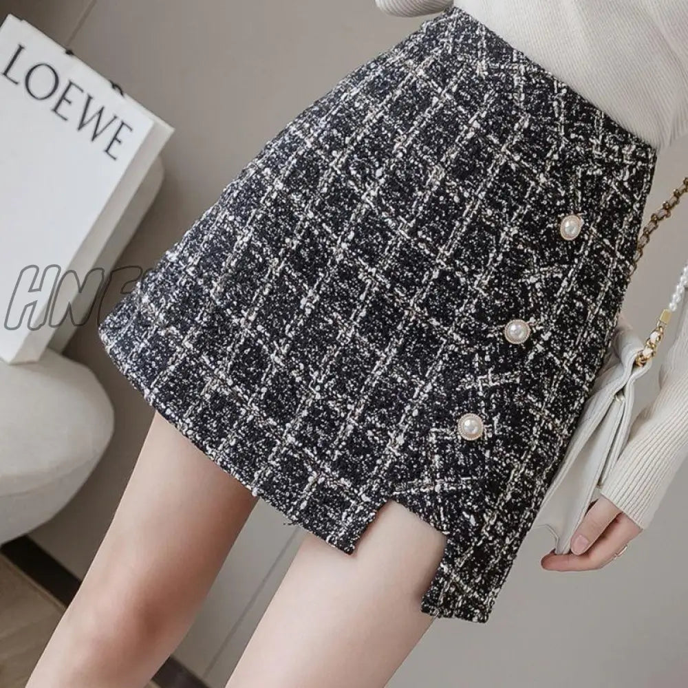 Tweed Skirts Women Autumn Winter Pearl Button Mini Pencil Skirts Plaid Wool Skirts Korean High Waist Elegant Tweed Ladies Skirt