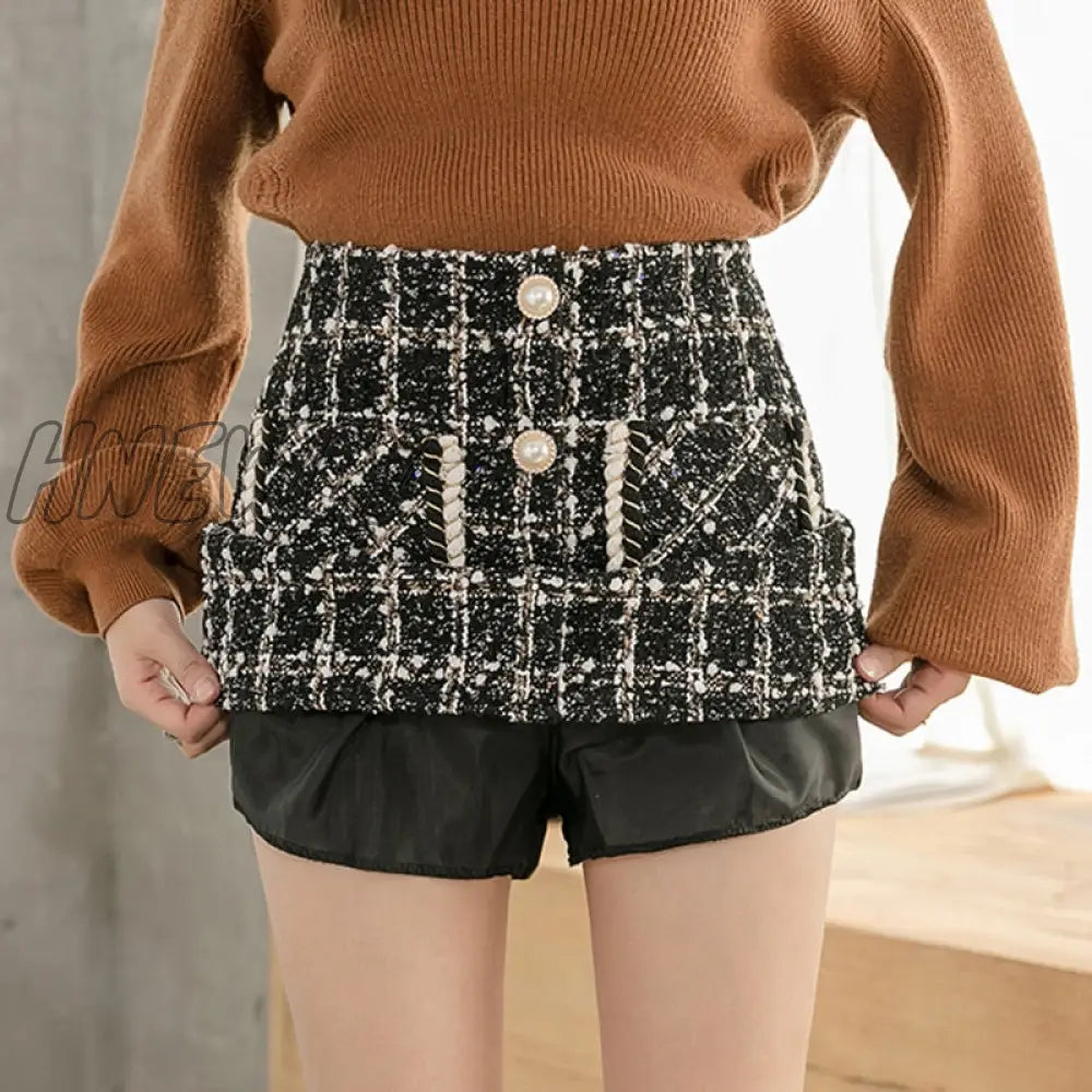 Tweed Skirts Women Autumn Winter Pearl Button Mini Pencil Skirts Plaid Wool Skirts Korean High Waist Elegant Tweed Ladies Skirt