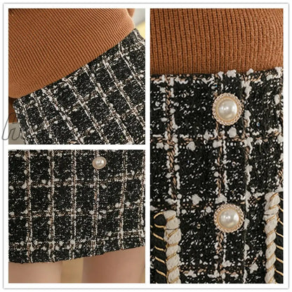 Tweed Skirts Women Autumn Winter Pearl Button Mini Pencil Skirts Plaid Wool Skirts Korean High Waist Elegant Tweed Ladies Skirt