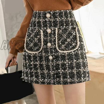 Tweed Skirts Women Autumn Winter Pearl Button Mini Pencil Skirts Plaid Wool Skirts Korean High Waist Elegant Tweed Ladies Skirt