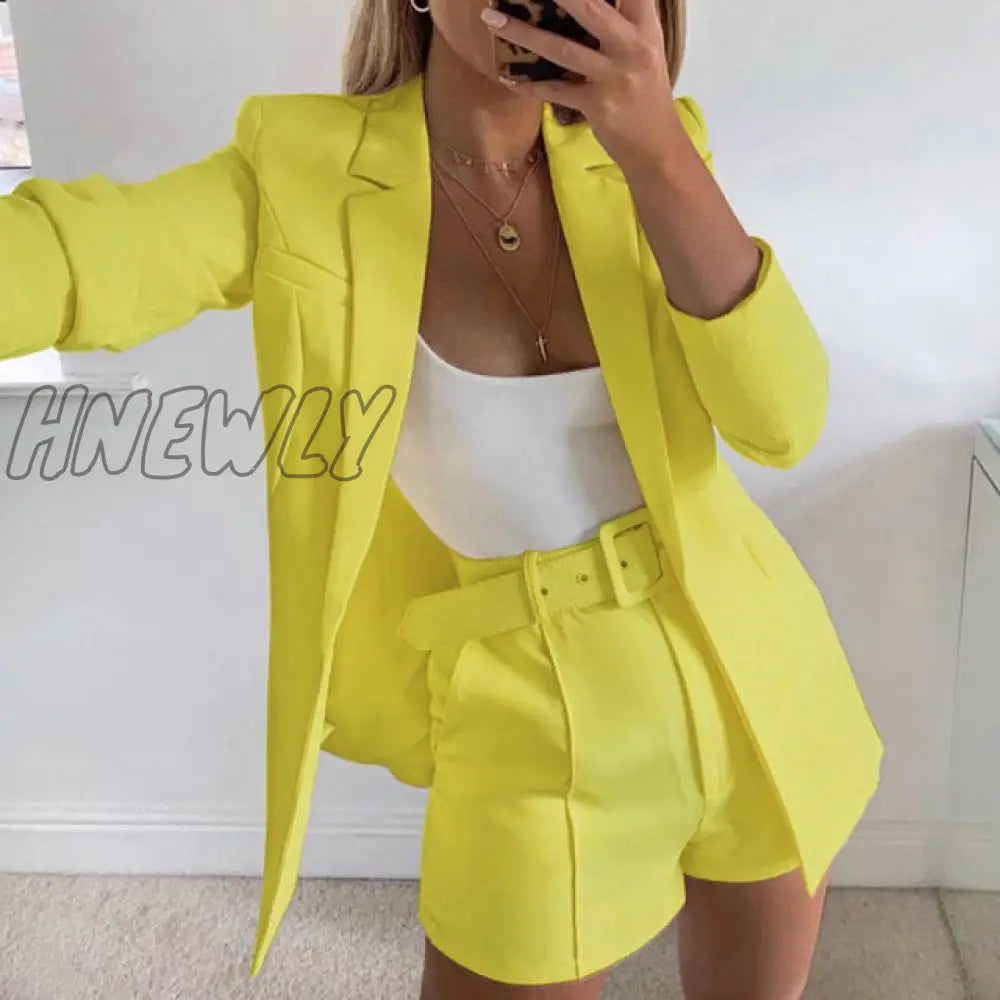 Two Piece Blazer Suit Women Office Sets Autumn Long Sleeve Cardigan Blazer Shorts Solid 2 Piece Set Lady Casual Blazers Set